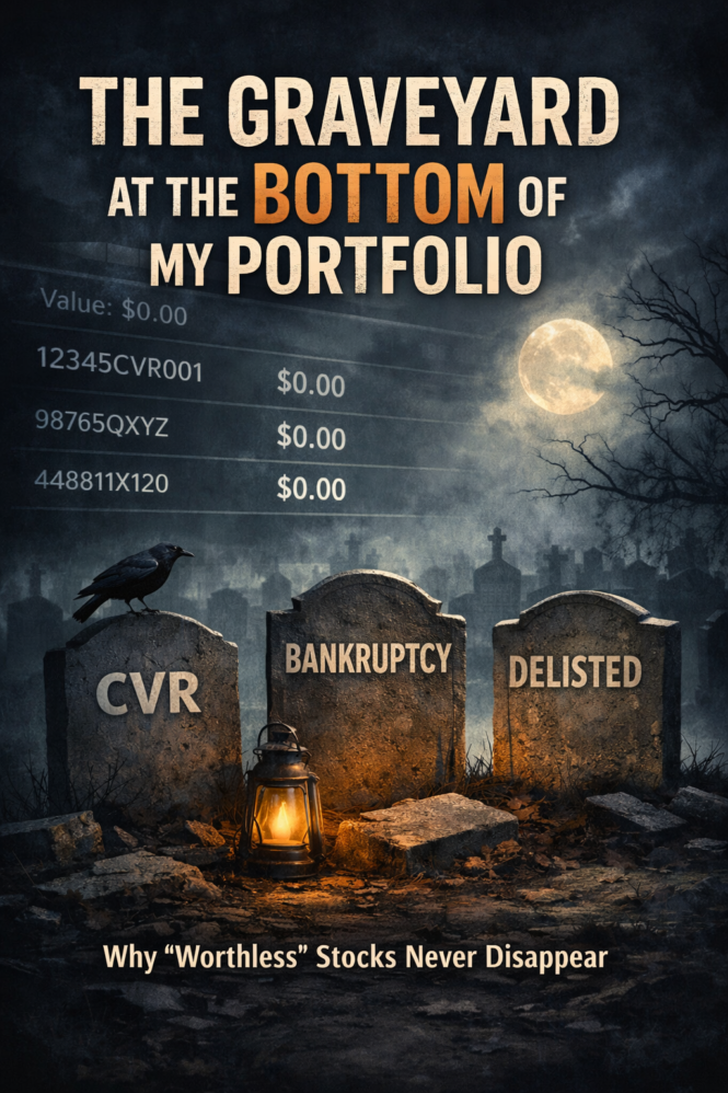 Brokerage account showing zero value worthless stocks and CUSIPs representing “zombie” investments