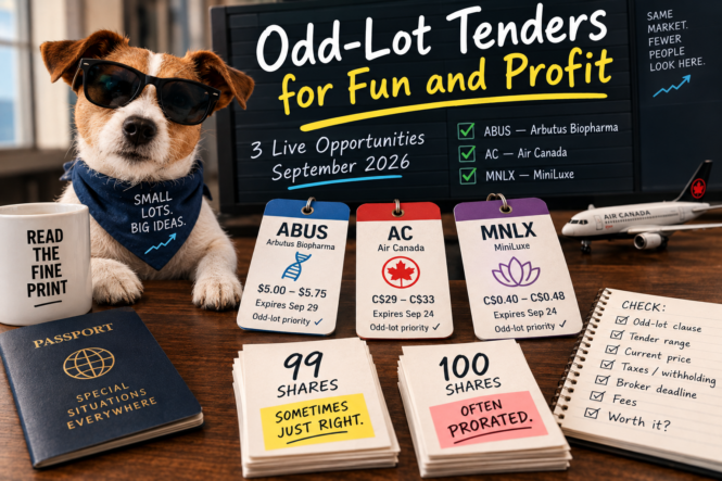 Odd-lot tender offer illustration comparing three live September 2026 opportunities—Arbutus Biopharma, Air Canada, and MiniLuxe—with 99-share positions, tender ranges, and odd-lot priority.