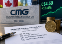 Computer Modelling Group odd-lot tender illustration showing C$4.50 per share, 99 shares, no proration for qualifying odd lots, and an 18.4% gross return.