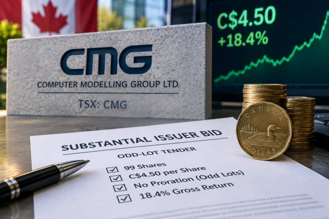 Computer Modelling Group odd-lot tender illustration showing C$4.50 per share, 99 shares, no proration for qualifying odd lots, and an 18.4% gross return.