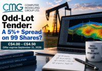 Computer Modelling Group odd-lot tender illustration showing a C$4.00 to C$4.50 offer range, 99-share position, and potential 5%+ spread.