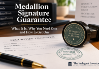 Medallion signature guarantee stamp beside a securities transfer form, illustrating how investors authenticate stock transfers.