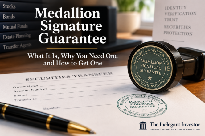 Medallion signature guarantee stamp beside a securities transfer form, illustrating how investors authenticate stock transfers.