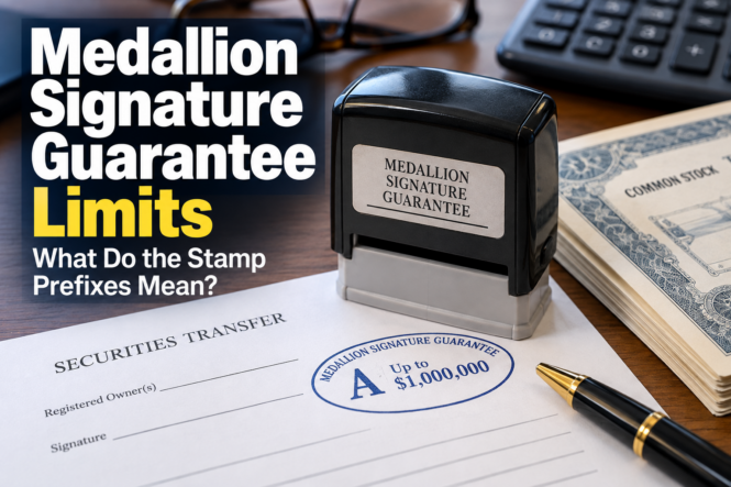 Medallion Signature Guarantee stamp on a securities transfer form showing an A prefix and $1 million transaction limit.