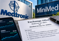 Medtronic and MiniMed exchange offer illustration showing MDT and MMED share prices, the 7% discount, 4.5939-share cap, odd-lot proration exemption, and October 9, 2026 expiration.