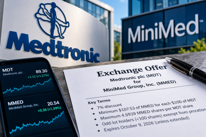 Medtronic and MiniMed exchange offer illustration showing MDT and MMED share prices, the 7% discount, 4.5939-share cap, odd-lot proration exemption, and October 9, 2026 expiration.