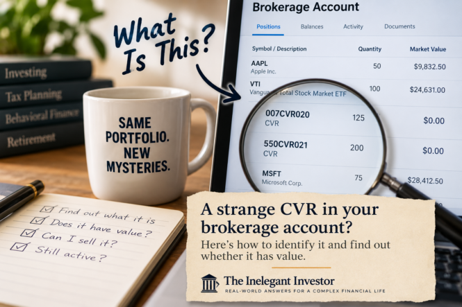 Brokerage account showing mysterious CVR positions with zero market value, highlighted by a magnifying glass.