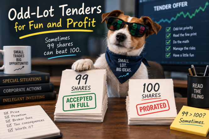 Odd-lot tender offer illustration showing 99 shares accepted in full while 100 shares are prorated, highlighting why small investors can sometimes benefit from odd-lot priority.