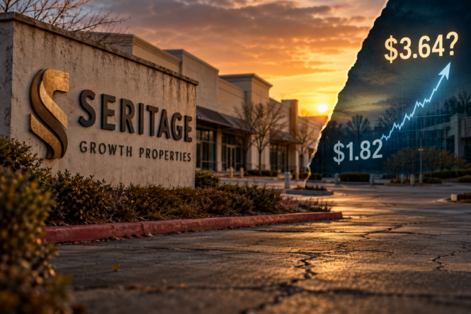 Seritage Growth Properties liquidation-value illustration showing SRG at $1.82 with a potential path toward $3.64 amid remaining real estate assets.