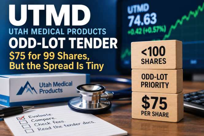 Utah Medical Products UTMD odd-lot tender illustration showing the $75 tender price, priority for holders of fewer than 100 shares, and the small spread on 99 shares.
