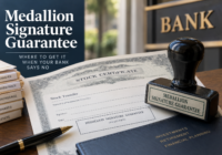 Stock certificate and Medallion Signature Guarantee stamp on a desk, illustrating where investors can obtain a Medallion guarantee when their bank will not provide one.