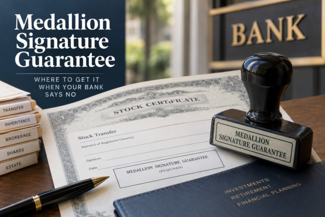 Stock certificate and Medallion Signature Guarantee stamp on a desk, illustrating where investors can obtain a Medallion guarantee when their bank will not provide one.