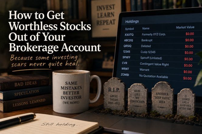 Brokerage account showing several worthless or unpriced securities at $0.00, illustrated as investing scars and portfolio graveyard positions.