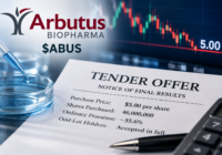 Arbutus Biopharma tender-offer graphic showing the $5.00 purchase price, 46 million shares purchased, approximately 55.6% ordinary proration, and full acceptance for qualifying odd-lot holders.