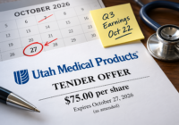 Utah Medical Products $75 tender offer with the October 27, 2026 deadline and October 22 Q3 earnings date highlighted.
