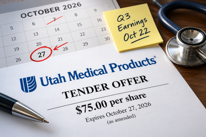 Utah Medical Products $75 tender offer with the October 27, 2026 deadline and October 22 Q3 earnings date highlighted.